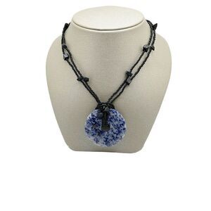 Sodalite Necklace Blue White Natural Stone Donut Pendant Black Beaded Chain